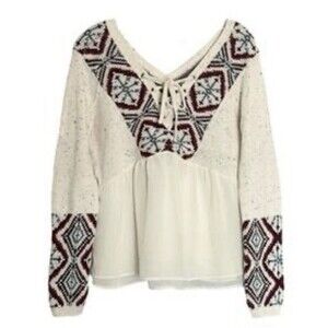 Abercrombie & Fitch  Boho Sweater top Chiffon Mixed Media Womens M  Lace Up Boho